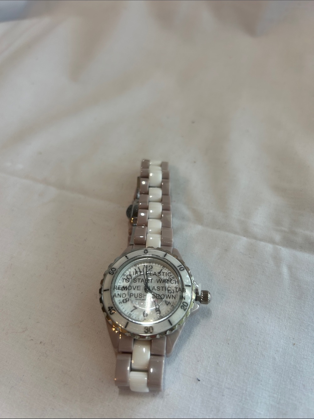 Isaac Mizrahi Two-Tone Ceramic Link Watch - White & Taupe